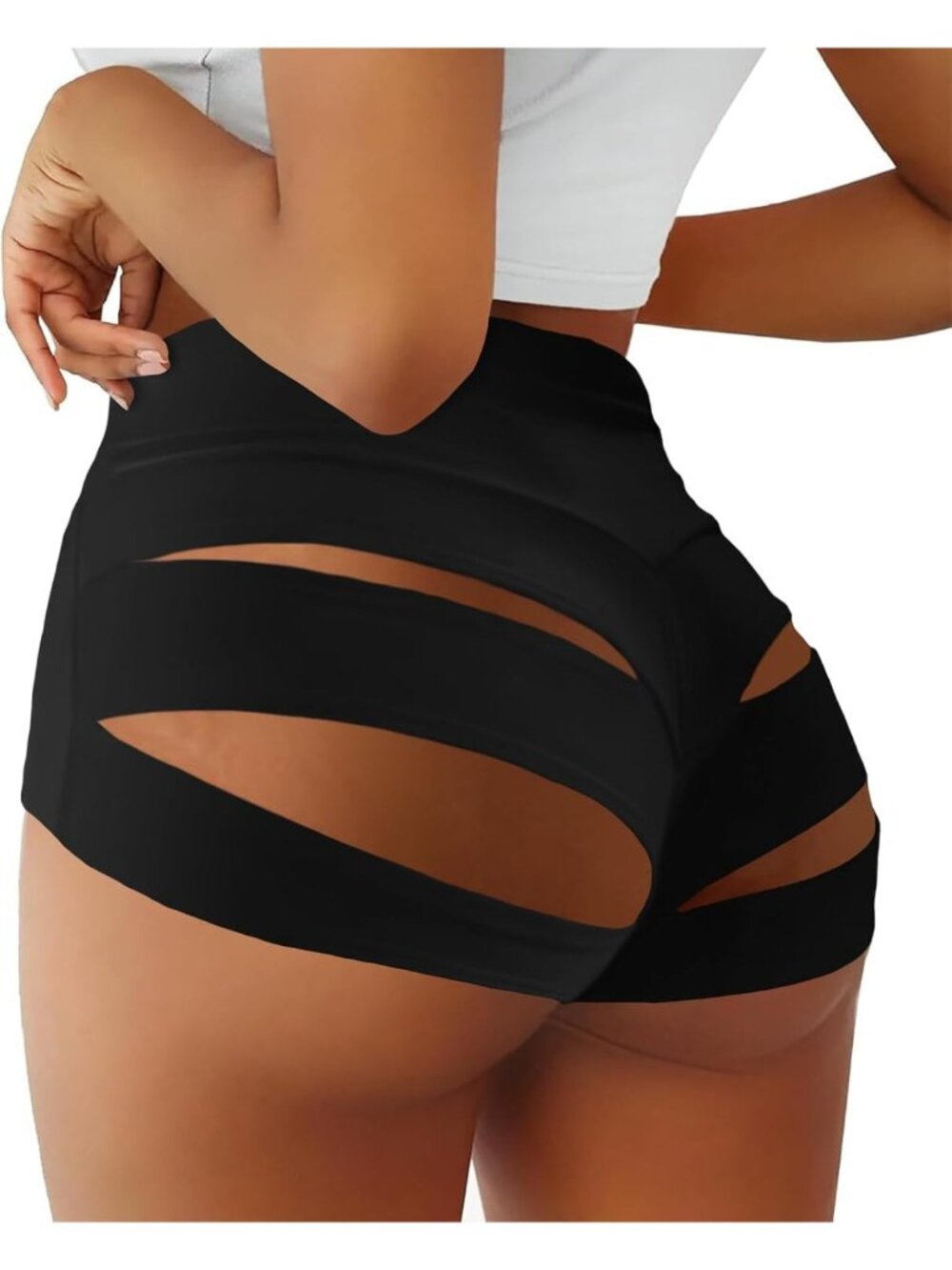 Women's Black Cut Out Yoga Scrunch Booty Hot Pants High Waist Sports Shorts